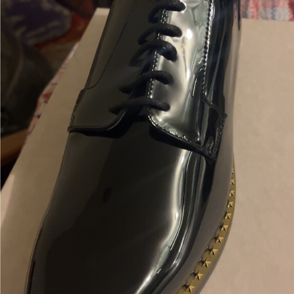 Jimmy Choo Black Patent Leather Lace-Up Oxfords with Gold Stud Trim